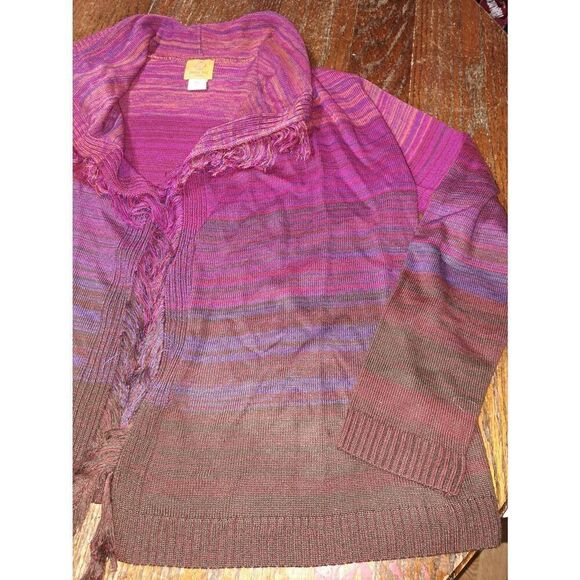 PL Ruby Rd Petite Pink Purple Grey Fringe Lapel Open Front Knit Sweater Cardigan - Picture 2 of 5